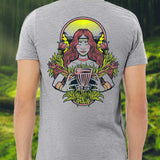 gray short sleeved shirt with a women creating life from a disc golf basket