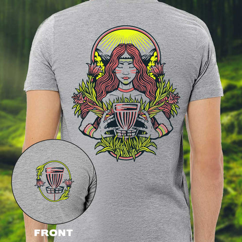 gray short sleeved shirt with a women creating life from a disc golf basket