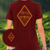 dark red shirt with a simple diagonal forest landscape and disc golf basket